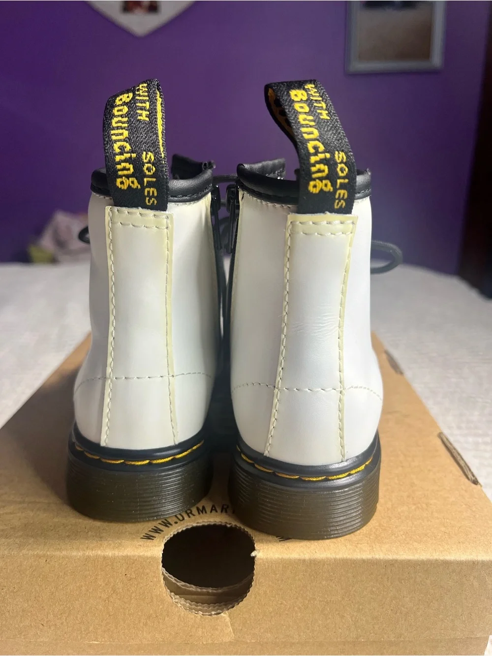Dr. Martens Kids White Leather Lace-Up Boots with Black Laces